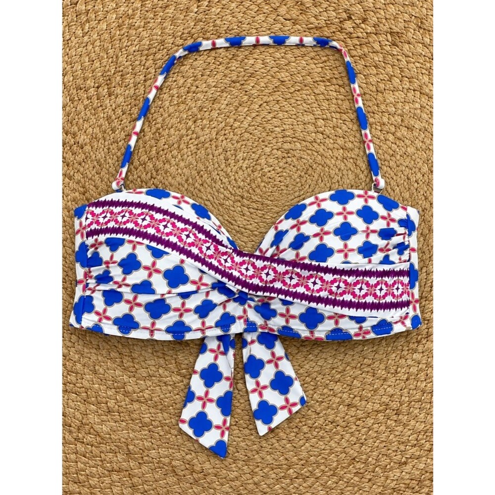 NWT La Blanca Bikini Top Size 4 Blue Pink Red Geo Halter Bandeau Twist Tie Back